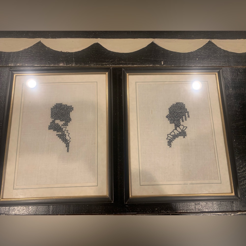 Framed Black Victorian Silhouette Cross-Stitch Wall Art - Pair